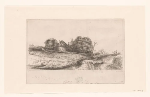 Cottages and a hay barn on the Diemerdijk with a flock of sheep by Claude Henri Watelet, print, 1728-1786