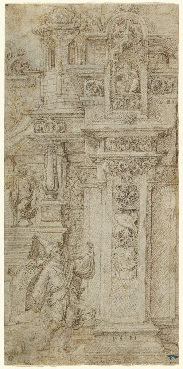 Two Kings and a Woman Leaving an Elaborate Palace by Jan Gossaert, drawing, 1503-1508