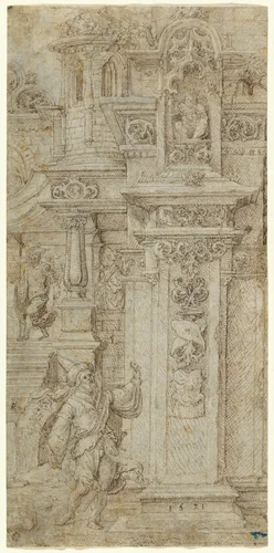 Two Kings and a Woman Leaving an Elaborate Palace by Jan Gossaert, drawing, 1503-1508