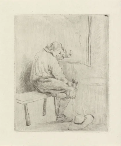 Jongeman op een bank by David van der Kellen, print, 1814-1859
