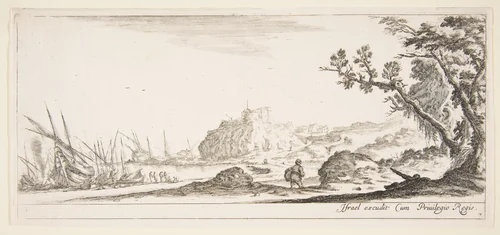 Plate 7: various boats on shore to left, a man carrying a bag, seen from behind and walking towards the background, a fortress in center background, a tree to the right, from 'Various landscapes' (Divers paysages) by Stefano della Bella, print, 1636-1646