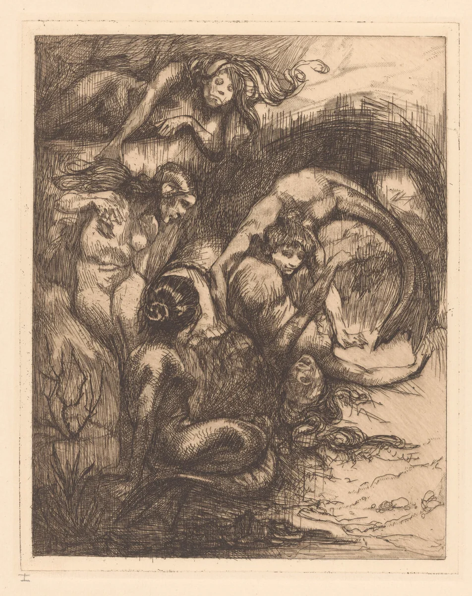Vijf zeemeerminnen by Johannes Josephus Aarts, print, 1881-1934