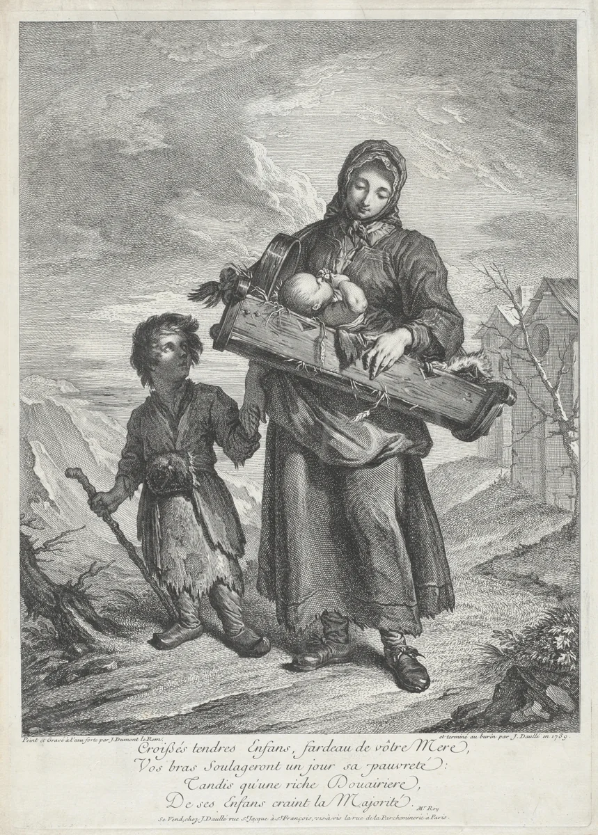 A Young Mother Carrying a Crib by Jacques Dumont, print, 1739