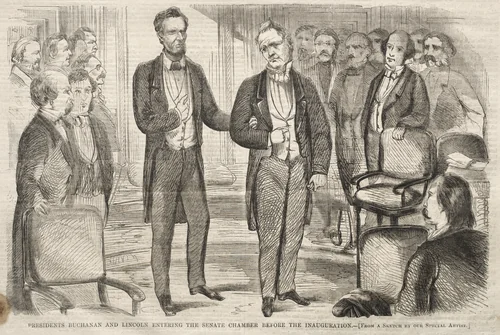 Presidents Buchanan and Lincoln Entering the Senate Chamber before the Inauguration by Winslow Homer, print, 1861