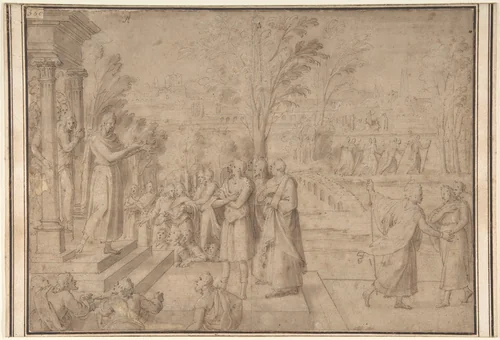 A Saint Addressing Figures from the Steps of a Temple by Antoine Caron, drawing, 1521-1599