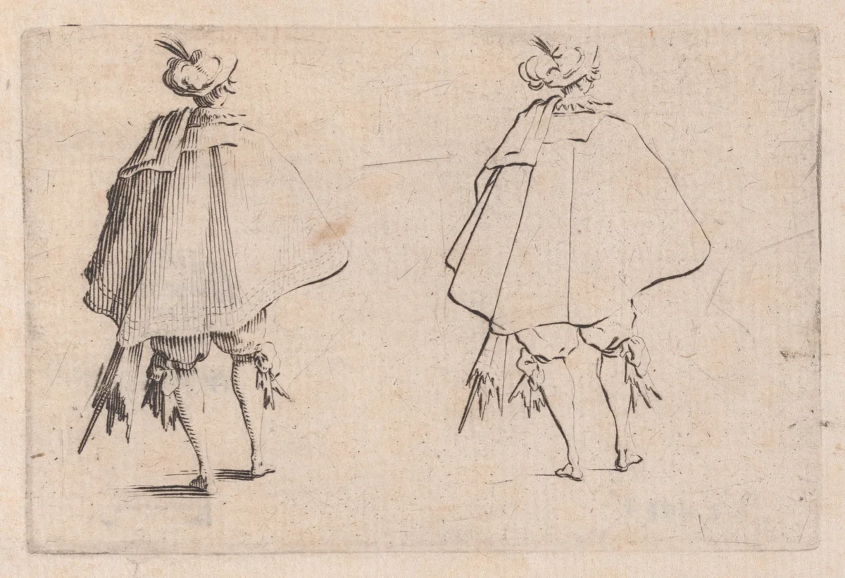 Le Gentilhomme au Grand Manteau, Vu de Dos (The Gentleman with a Large Mantle, Viewed from Behind), from "Les Caprices" Series B, The Nancy Set by Jacques Callot, print, 1617-1620