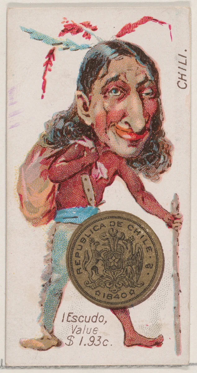Caricatured Chilean figure, 1 Escudo, from the series Coins of All Nations (N72, variation 1) for Duke brand cigarettes by W. Duke, Sons & Co., print, 1889