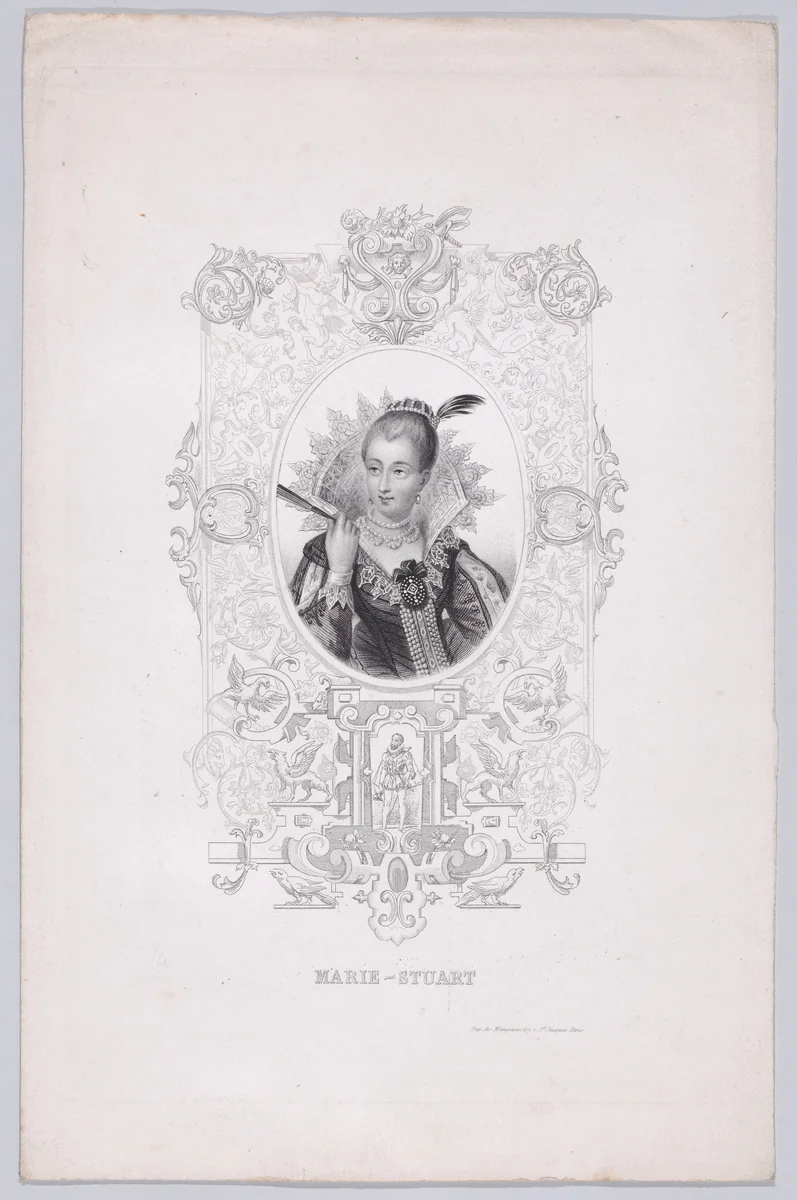Mary, Queen of Scots set in an ornamental frame by Mangeon, print, 1825-1875