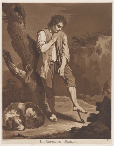 The Shepherds Rest; a young man resting on a stick while his dog lies at his feet by Pietro Jacopo Palmieri, print, 1752-1804