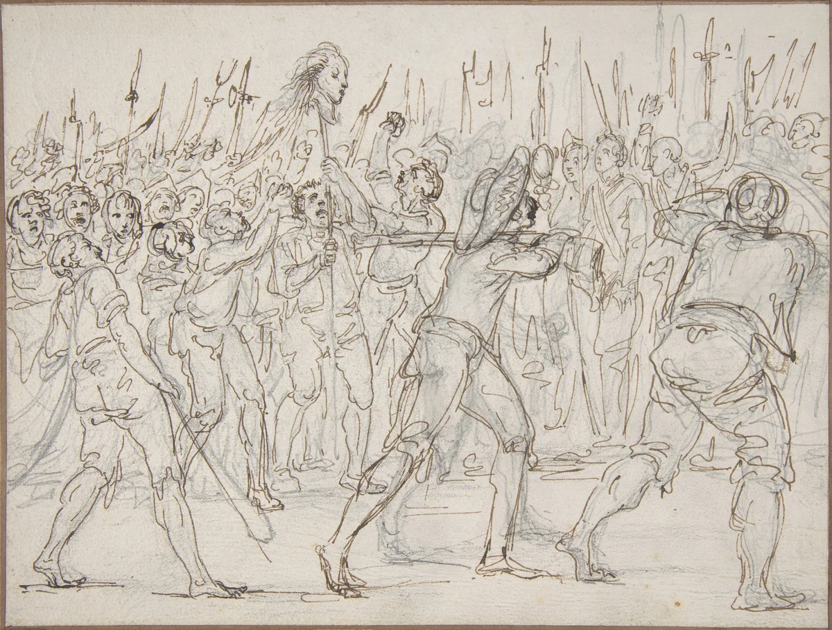 The Head of Jean Féraud (1759–1795), a Deputy at the Convention, Carried on a Pike, May 21, 1795 by Dominique Vivant Denon, drawing, 1790-1800