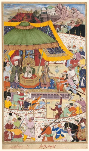The Young Emperor Akbar Arrests the Insolent Shah Abu’l-Maali, Page from a Manuscript of the Akbarnama by Basawan Shankar, painting, 1585-1595