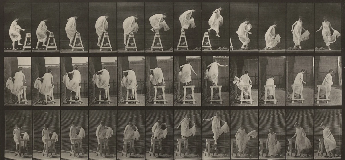 Plate Number 172. Stepping up on a trestle, jumping down and turning by Eadweard Muybridge, photograph, 1887