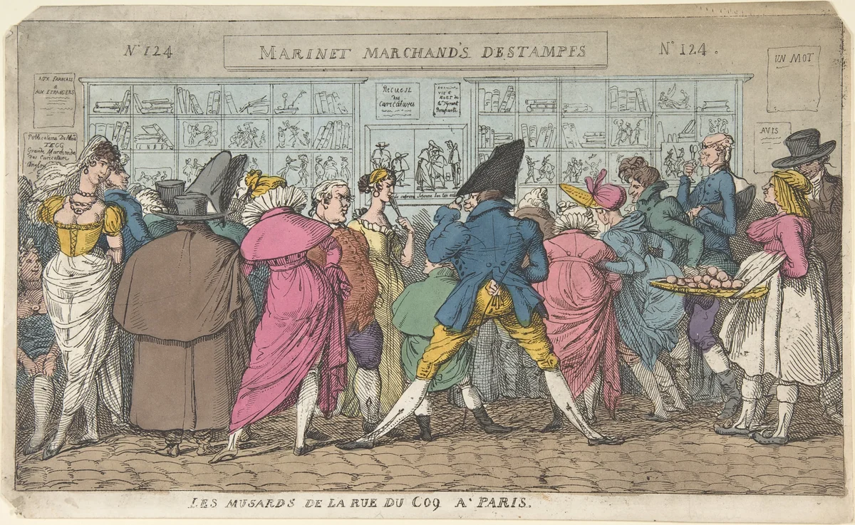 Les Musards de la Rue du Coq à Paris (Dawdlers of the Rue Coq, Paris) by Thomas Rowlandson, print, 1805-1815