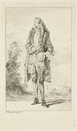Standing Man with Hand in Vest, from Figures de modes by Jean-Antoine Watteau, print, 1705-1715