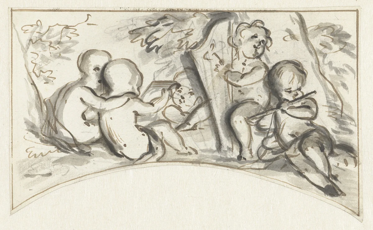 Ontwerp voor een bovendeurstuk met musicerende putti by Jurriaan Andriessen, drawing, 1752-1819