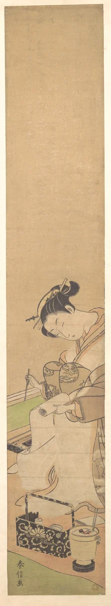 An Oiran Seated upon a Bed, Writing a Letter by Suzuki Harunobu (鈴木春信), print, 1759-1779