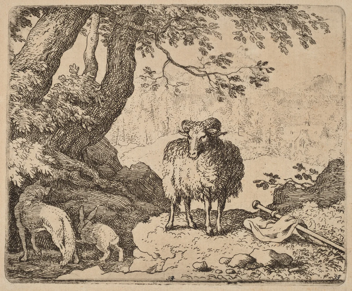 Reynard Returns Home, Accompanied by the Ram and the Rabbit by Allart van Everdingen, print, 1645-1656