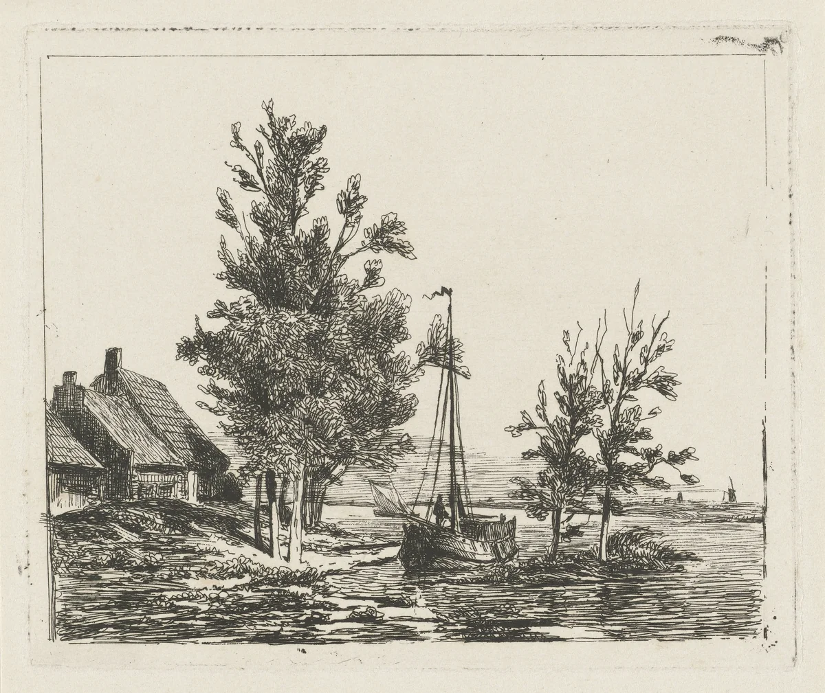 Rivierlandschap met zeilschip en boerderij by Lambertus Hardenberg, print, 1837-1900