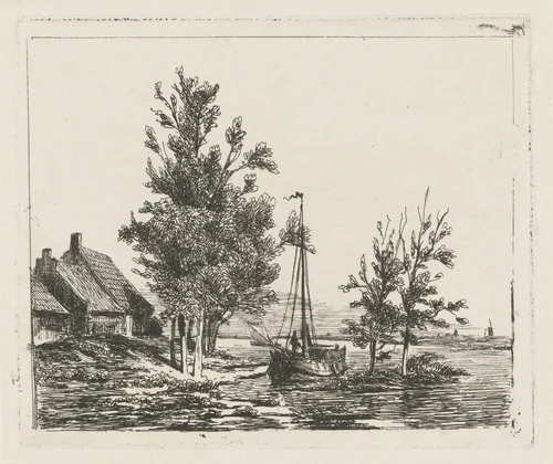Rivierlandschap met zeilschip en boerderij by Lambertus Hardenberg, print, 1837-1900