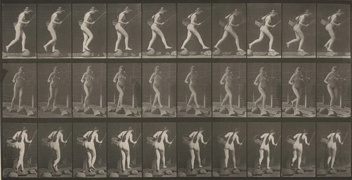 Plate Number 177. Crossing brook on stepping-stones with fishing pole and a basket by Eadweard Muybridge, photograph, 1887