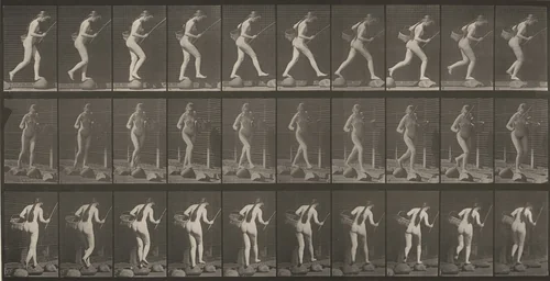 Plate Number 177. Crossing brook on stepping-stones with fishing pole and a basket by Eadweard Muybridge, photograph, 1887