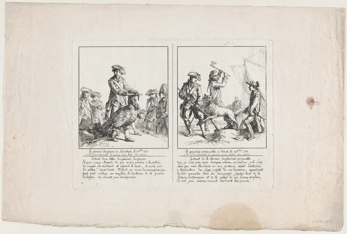 Le Général Burgoyne à Saratoga, le 17 Octobre, 1777; and Le Général Cornwallis à Yorck, le 19 Octobre, 1781 by anonymous, print, 1781