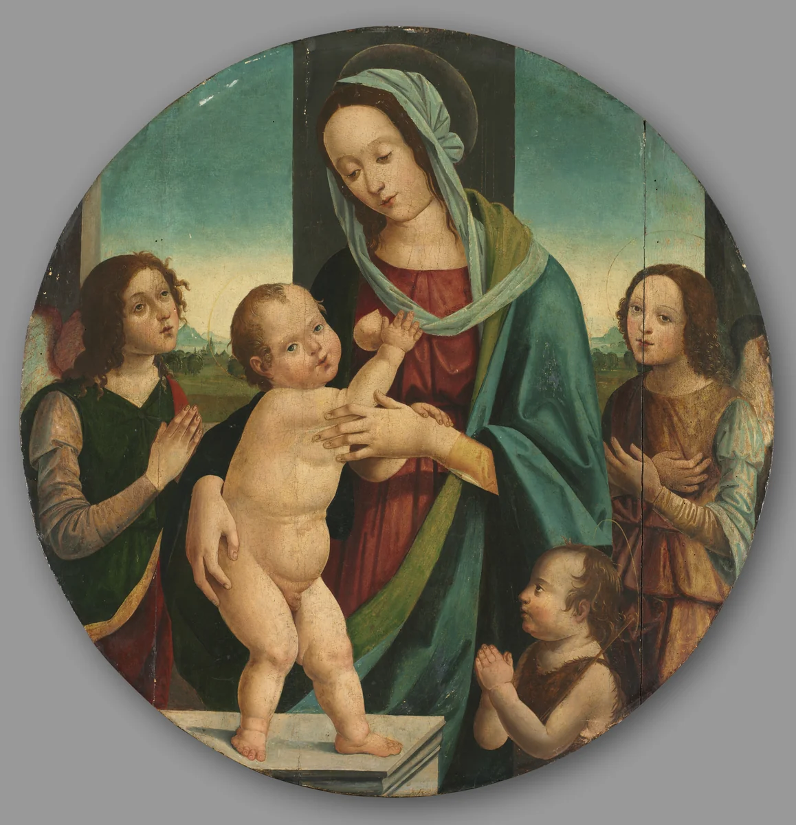 Virgin and Child with John the Baptist and Angels by Pietro del Donzello, painting, 1495-1505