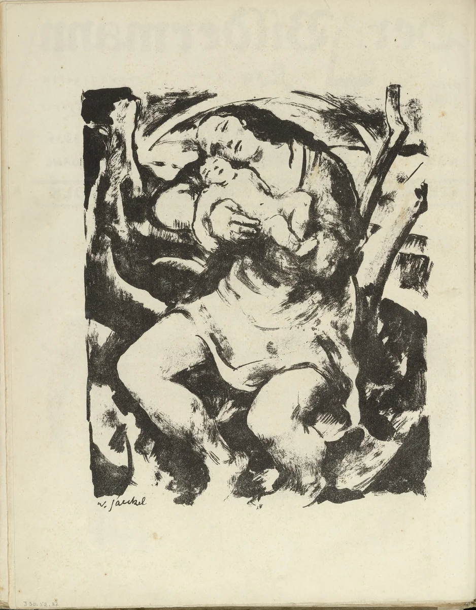 Mother with Child to Her Cheek (Mutter mit Kind an der Wange) (plate, folio 12 verso) from the periodical Der Bildermann, vol. 1, no. 6 (June 1916) by Willy Jaeckel, periodical, 1916