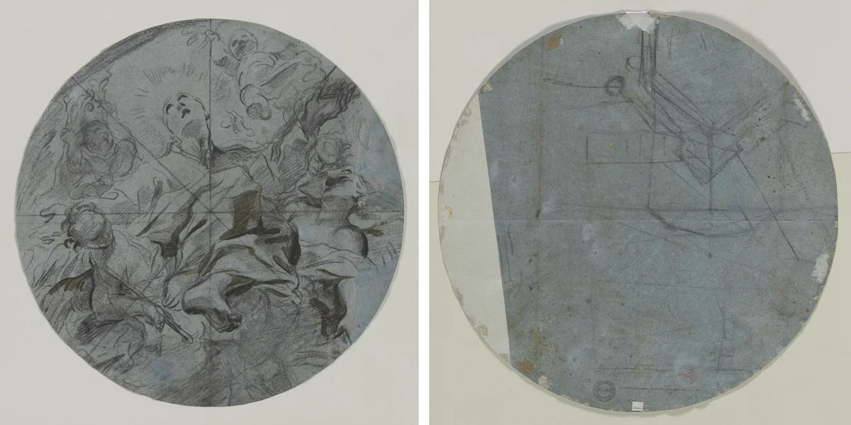 Apotheosis of a Saint (recto); Architectural Sketch(?) (verso) by Giovanni Battista Benaschi, drawing, 1650-1699