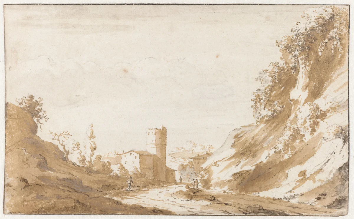 Weg door heuvelachtig landschap buiten Brussel by Jan de Bisschop, drawing, 1648-1671