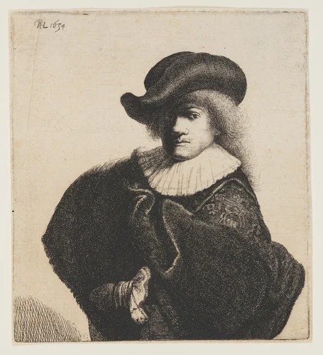 Portrait of Rembrandt Wearing a Soft Hat and Embroidered Coat by Rembrandt van Rijn, print, 1634