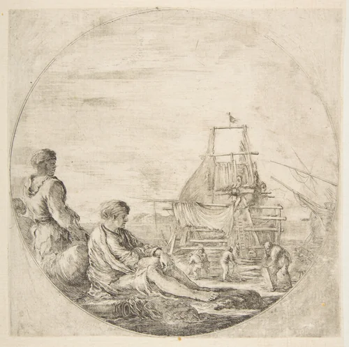 A seated white sailor and a standing black sailor, people building a ship in the background, a circular composition by Stefano della Bella, print, 1655-1665