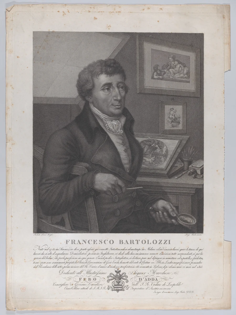 Portrait of Francesco Bartolozzi, seated, holding a magnifying glass with printmaking tools and a plate on the desk behind him by Luigi Rados, print, 1827