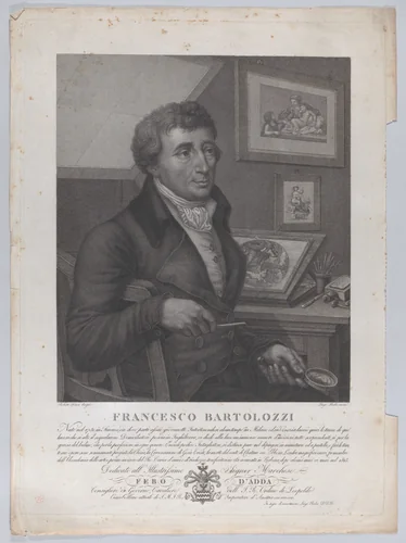 Portrait of Francesco Bartolozzi, seated, holding a magnifying glass with printmaking tools and a plate on the desk behind him by Luigi Rados, print, 1827