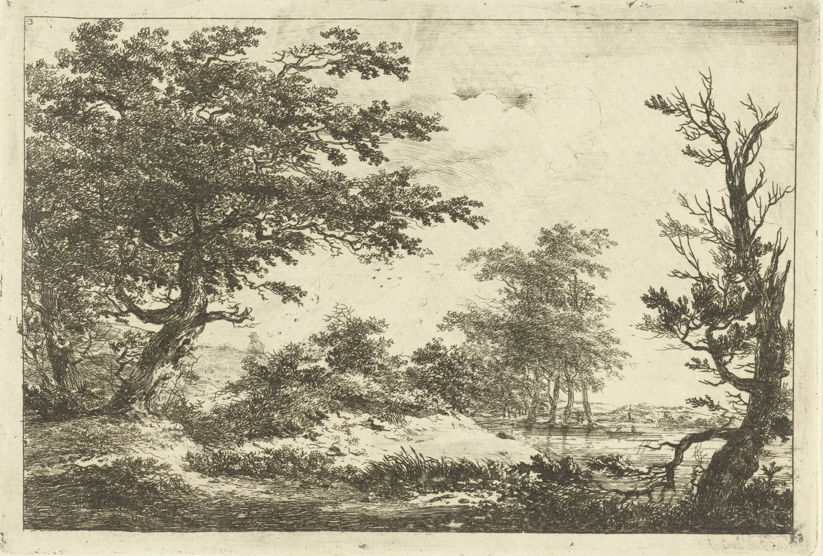Landschap met heuvel, water en bomen by Hermanus van Brussel, print, 1800-1815