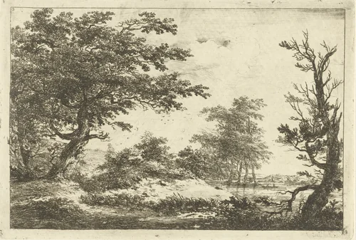 Landschap met heuvel, water en bomen by Hermanus van Brussel, print, 1800-1815