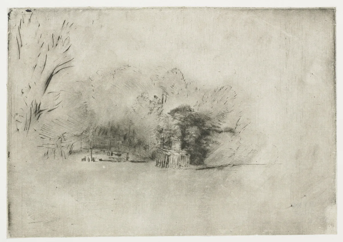 Boerenhoeve tussen de bomen by Rembrandt van Rijn, print, 1652
