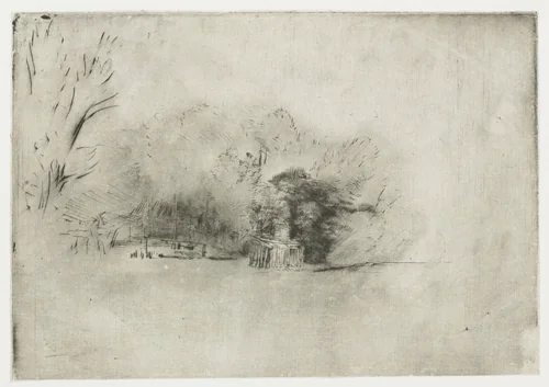 Boerenhoeve tussen de bomen by Rembrandt van Rijn, print, 1652