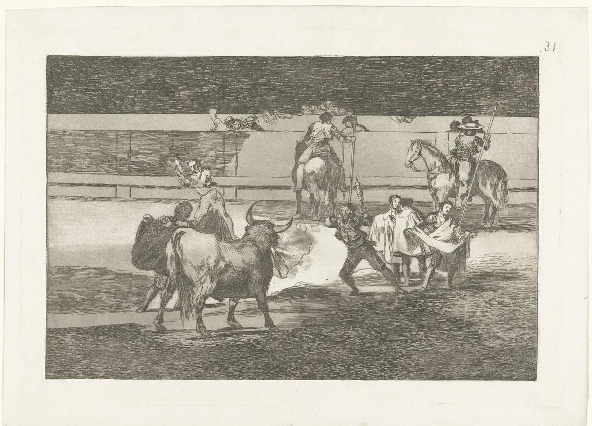 Torero met brandende banderillas by Francisco de Goya, print, 1811-1816