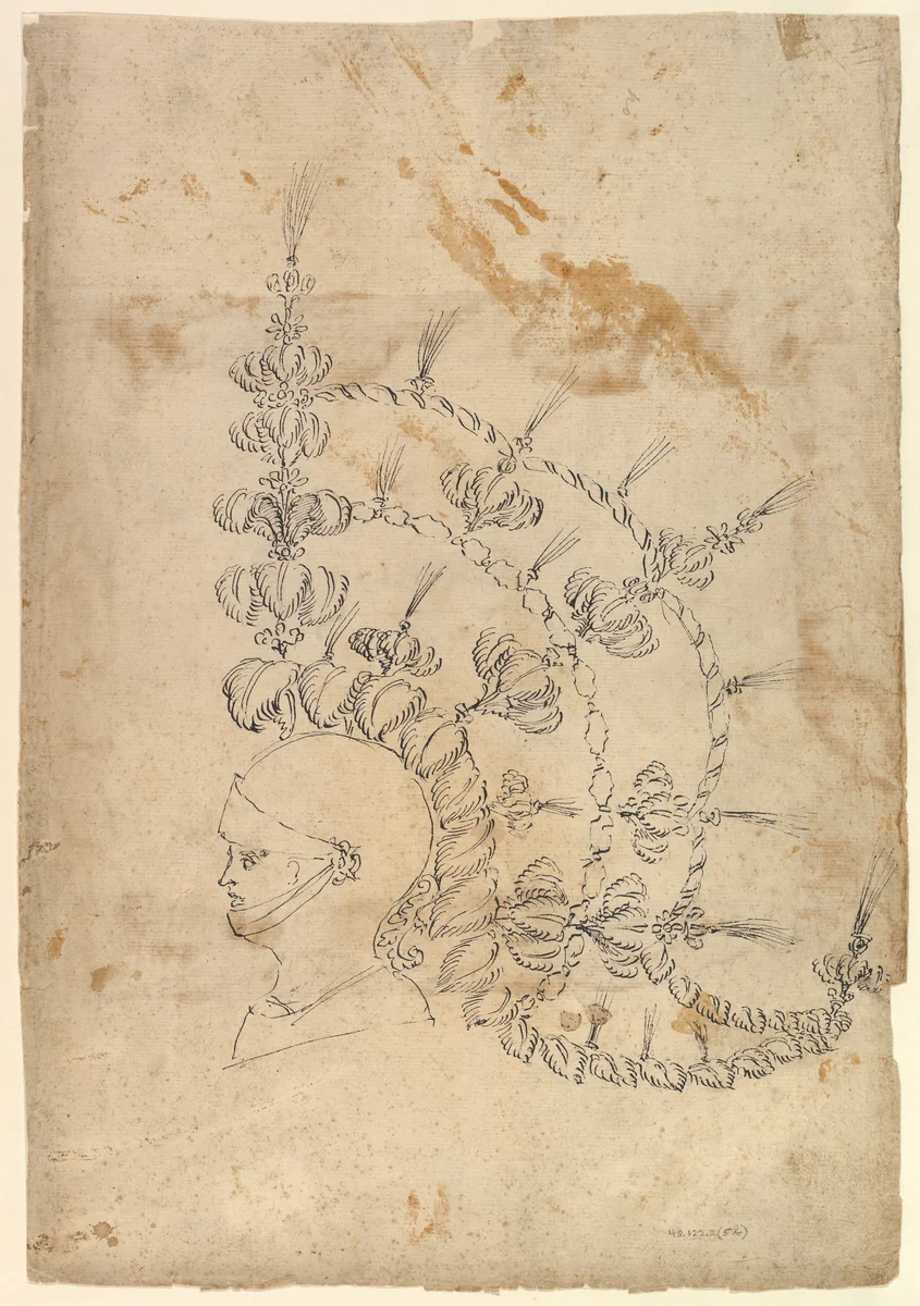 Design for an Armor Helmet with Tournament Headdress by Baccio del Bianco, drawing, 1604-1656