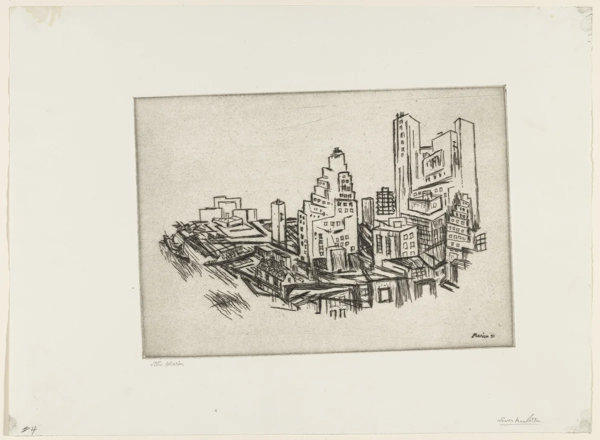 Lower Manhattan from the Bridge by John Marin, print, 1931