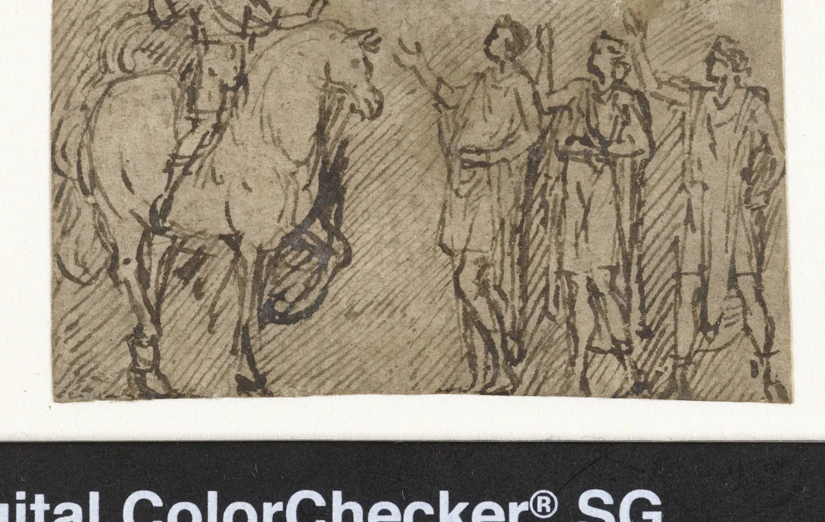 Generaal te paard wordt door drie mannen begroet by Lambert Lombard, drawing, 1537-1539