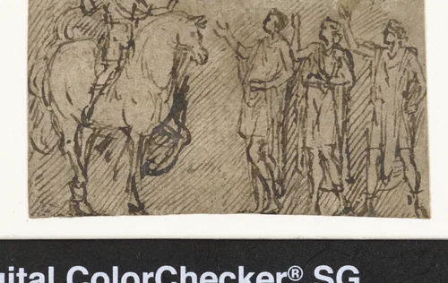 Generaal te paard wordt door drie mannen begroet by Lambert Lombard, drawing, 1537-1539