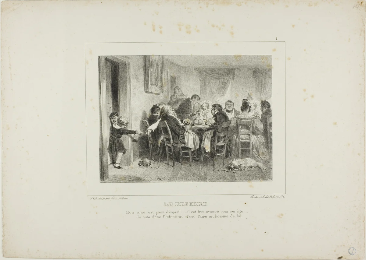 The Dessert: My eldest is full of spirit!...he is very advanced for his age...I intend to make a lawyer of him. by Denis Auguste Marie Raffet, print, 1837