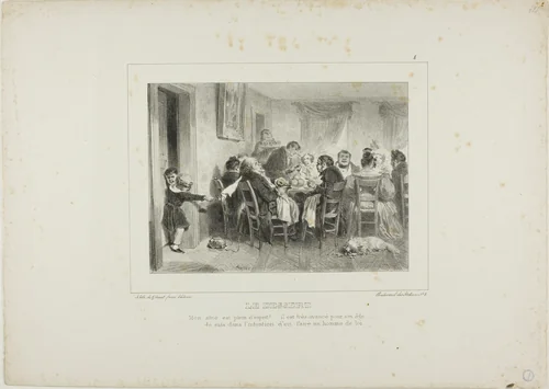 The Dessert: My eldest is full of spirit!...he is very advanced for his age...I intend to make a lawyer of him. by Denis Auguste Marie Raffet, print, 1837