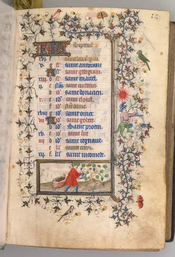 Hours of Charles the Noble, King of Navarre (1361-1425): fol. 9r, September by Master of the Brussels Initials and Associates, book, 1400-1410
