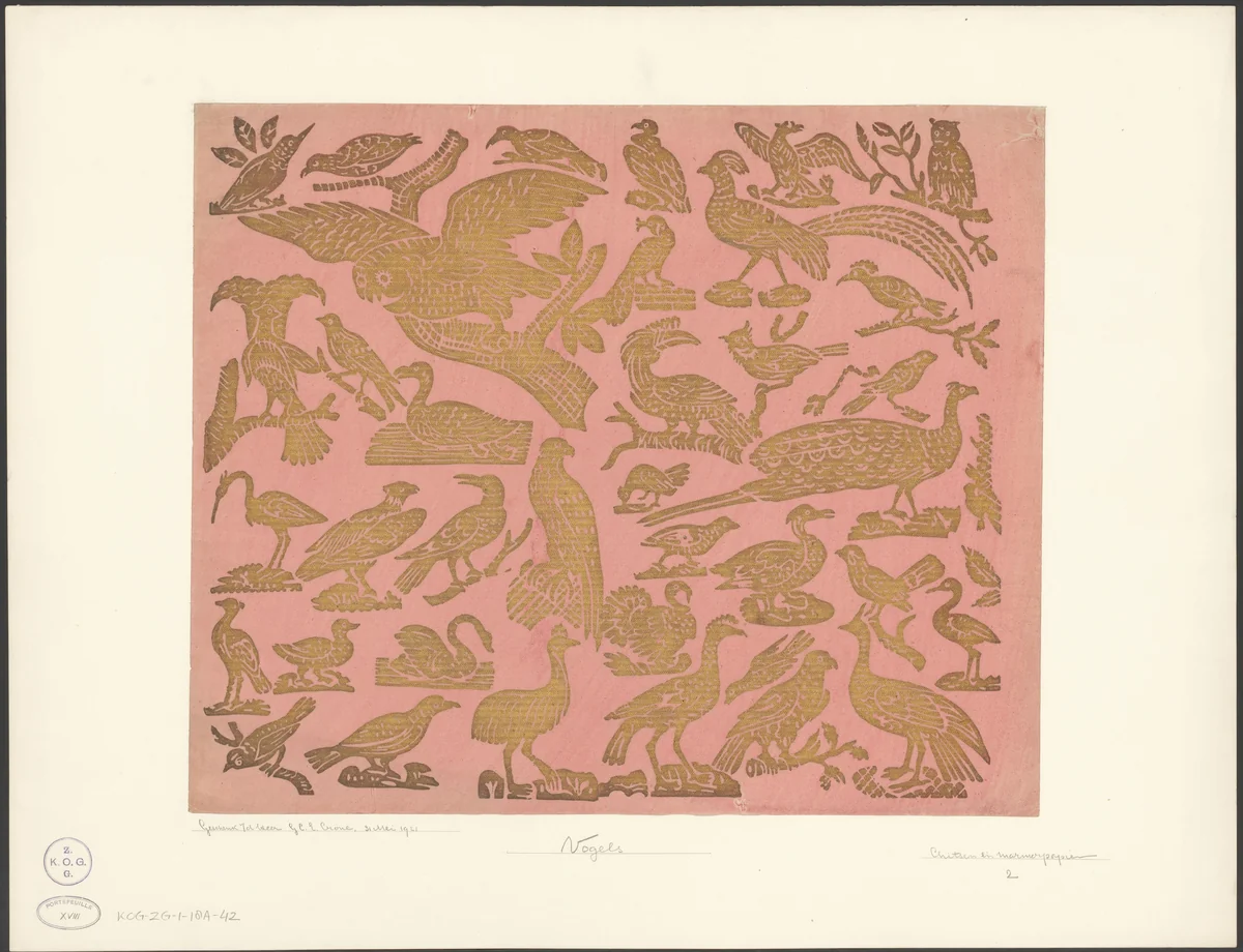 Blad met een patroon van verschillende vogels by anonymous, other, 1750-1800