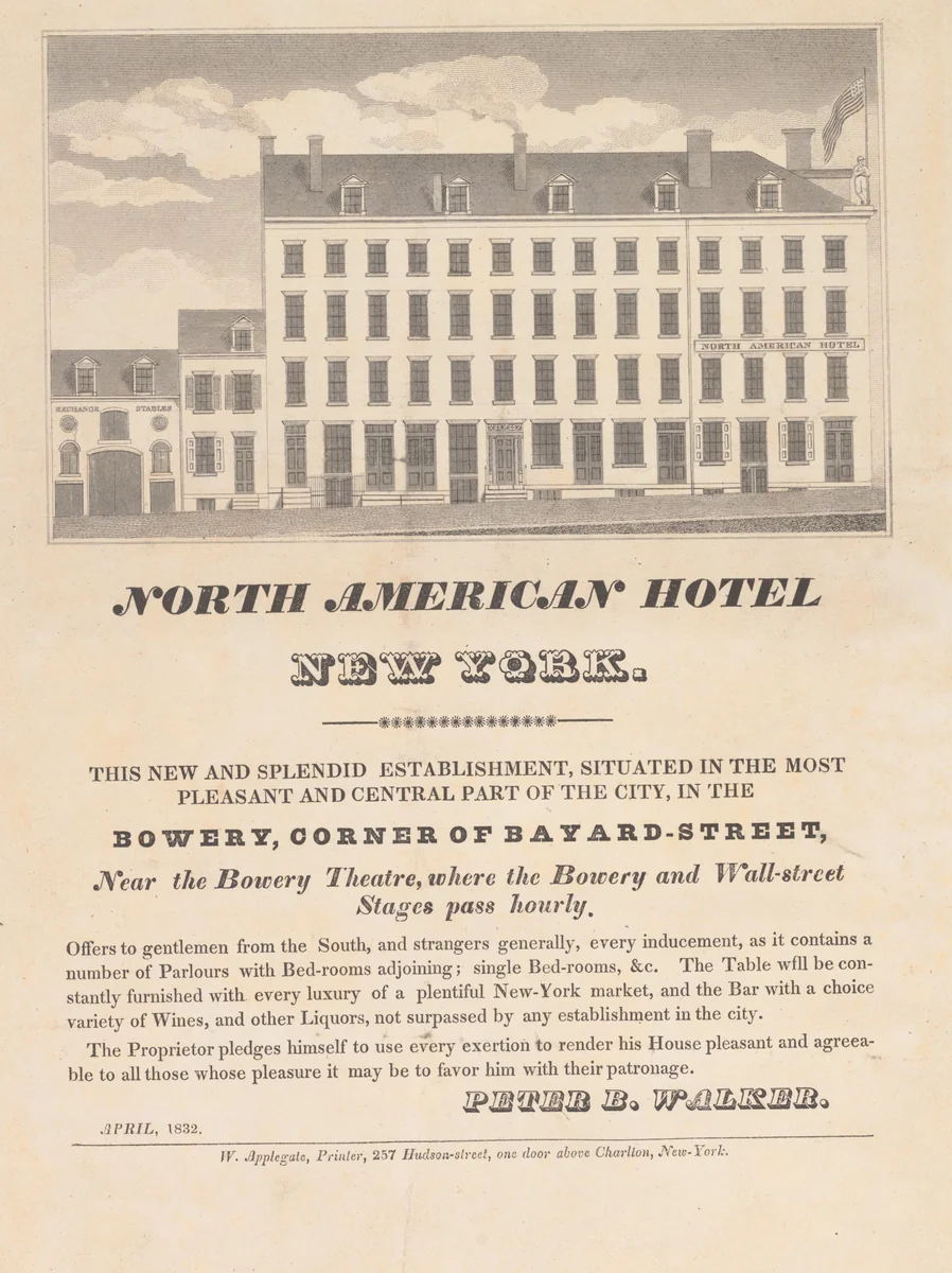 North American Hotel, New York by Peter B. Walker, print, 1832