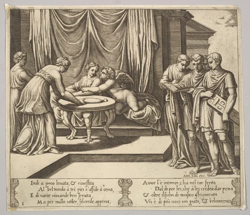 Plate 8: Psyche seated at a table and attended by invisible servants, Eros beside the goddess, from "The Fable of Cupid and Psyche" by Master of the Die, print, 1530-1560