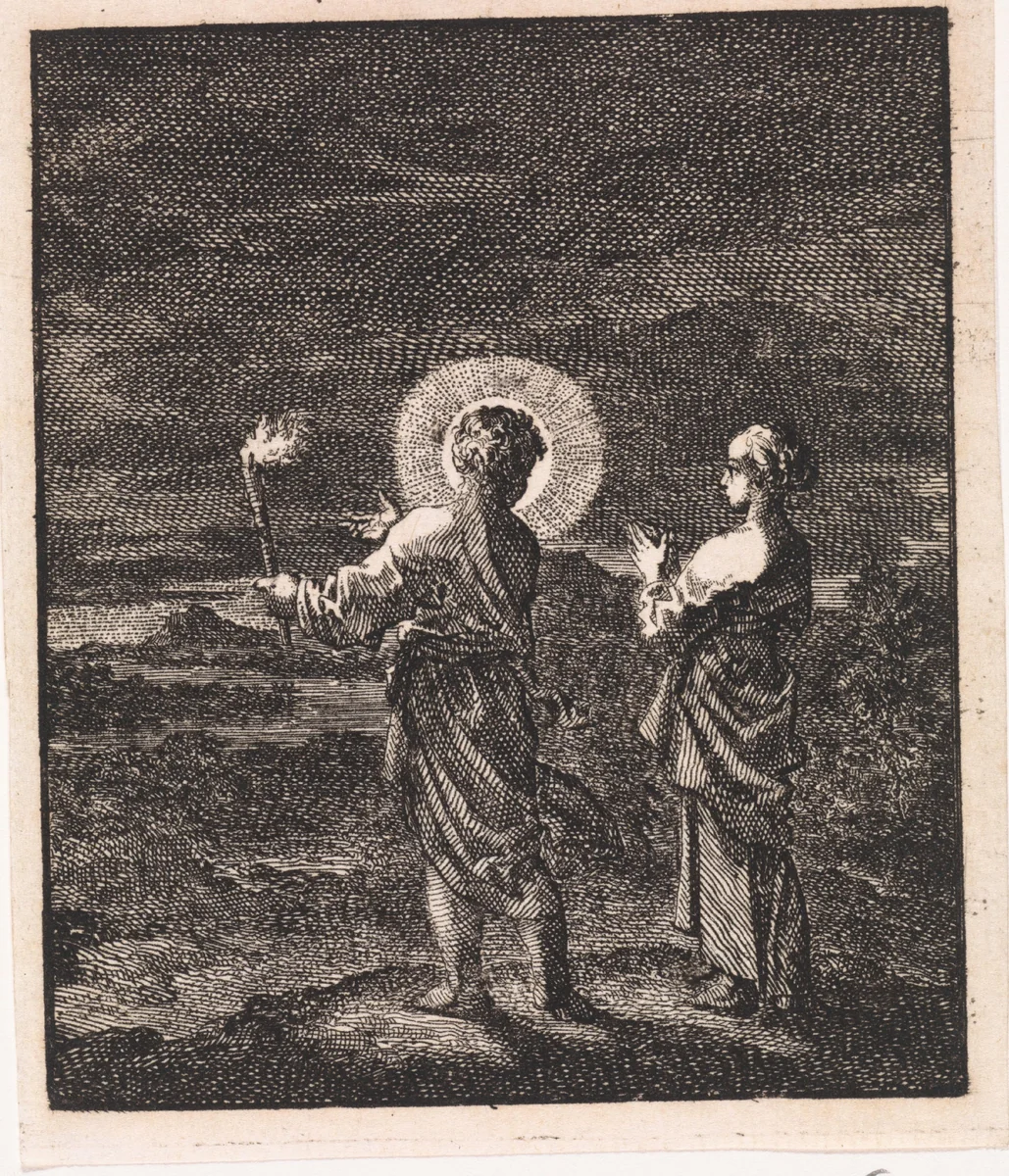 Christus verlicht voor de gepersonifieerde ziel de duisternis met een fakkel by Jan Luyken, print, 1714
